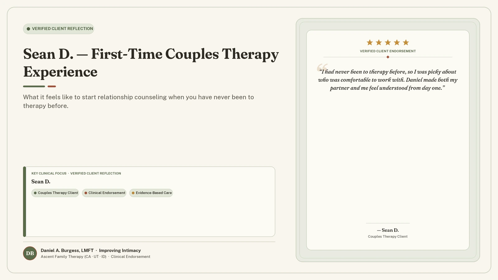 Sean D. — First-Time Couples Therapy Experience — What it feels like to start relationship counseling when you have never been to therapy before. (Daniel A. Burgess, LMFT | Improving Intimacy)
