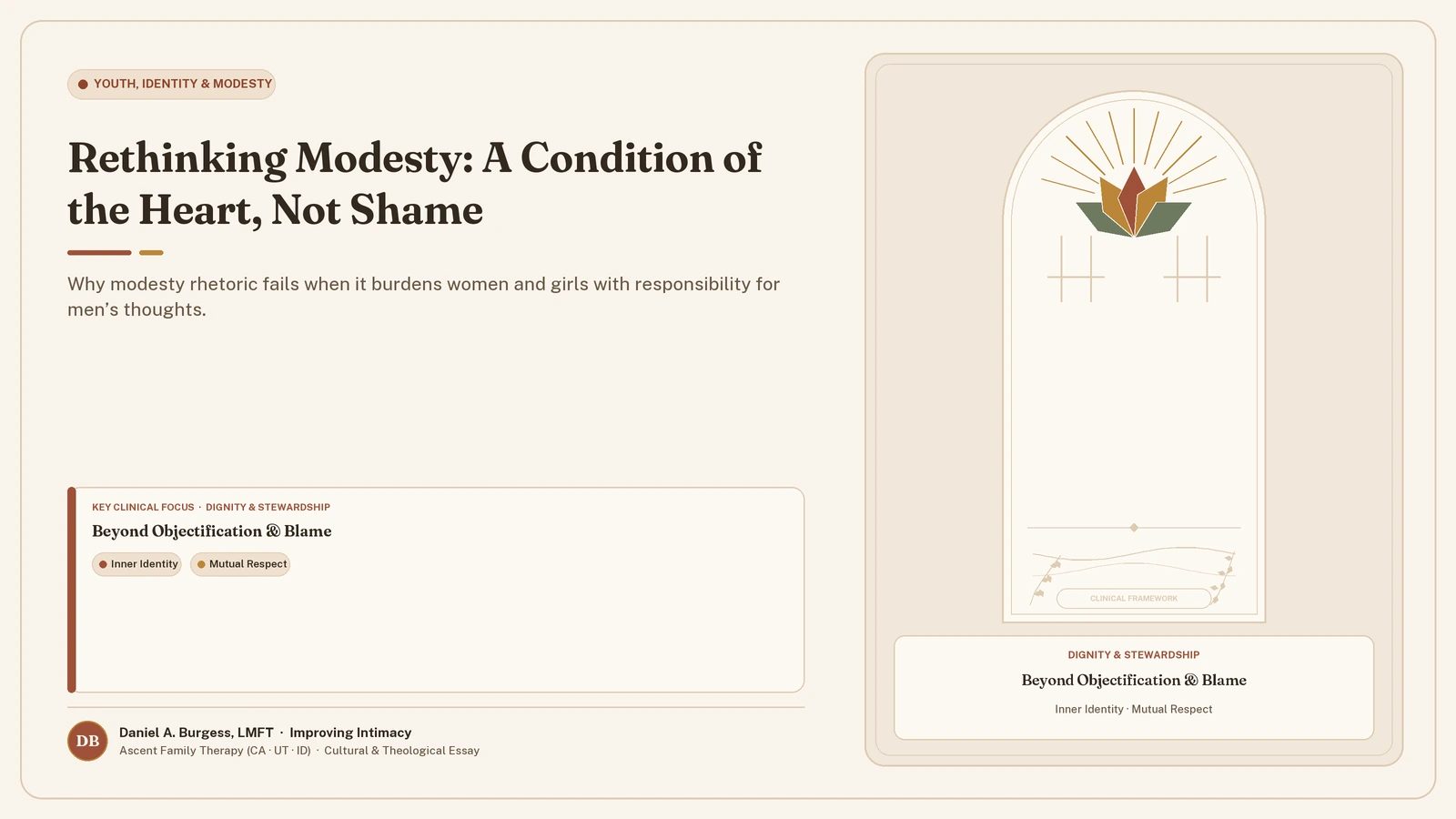 Rethinking Modesty: A Condition of the Heart, Not Shame — Why modesty rhetoric fails when it burdens women and girls with responsibility for men’s thoughts. (Daniel A. Burgess, LMFT | Improving Intimacy)