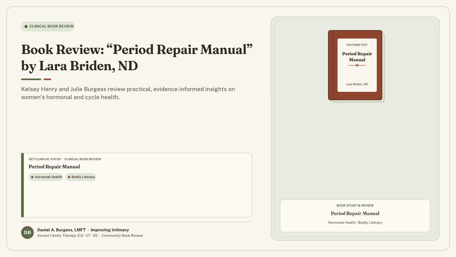 Book Review: “Period Repair Manual” by Lara Briden, ND — Kelsey Henry and Julie Burgess review practical, evidence-informed insights on women’s hormonal and cycle health. (Daniel A. Burgess, LMFT | Improving Intimacy)