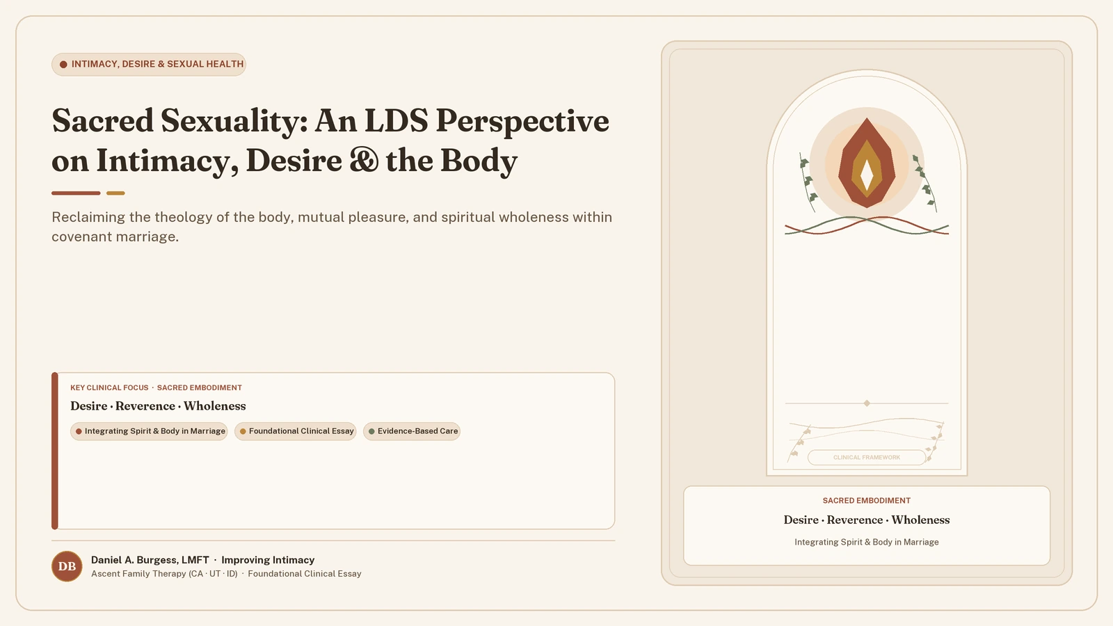 Sacred Sexuality: An LDS Perspective on Intimacy, Desire & the Body — Reclaiming the theology of the body, mutual pleasure, and spiritual wholeness within covenant marriage. (Daniel A. Burgess, LMFT | Improving Intimacy)