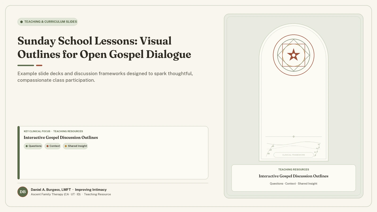 Sunday School Lessons: Visual Outlines for Open Gospel Dialogue — Example slide decks and discussion frameworks designed to spark thoughtful, compassionate class participation. (Daniel A. Burgess, LMFT | Improving Intimacy)